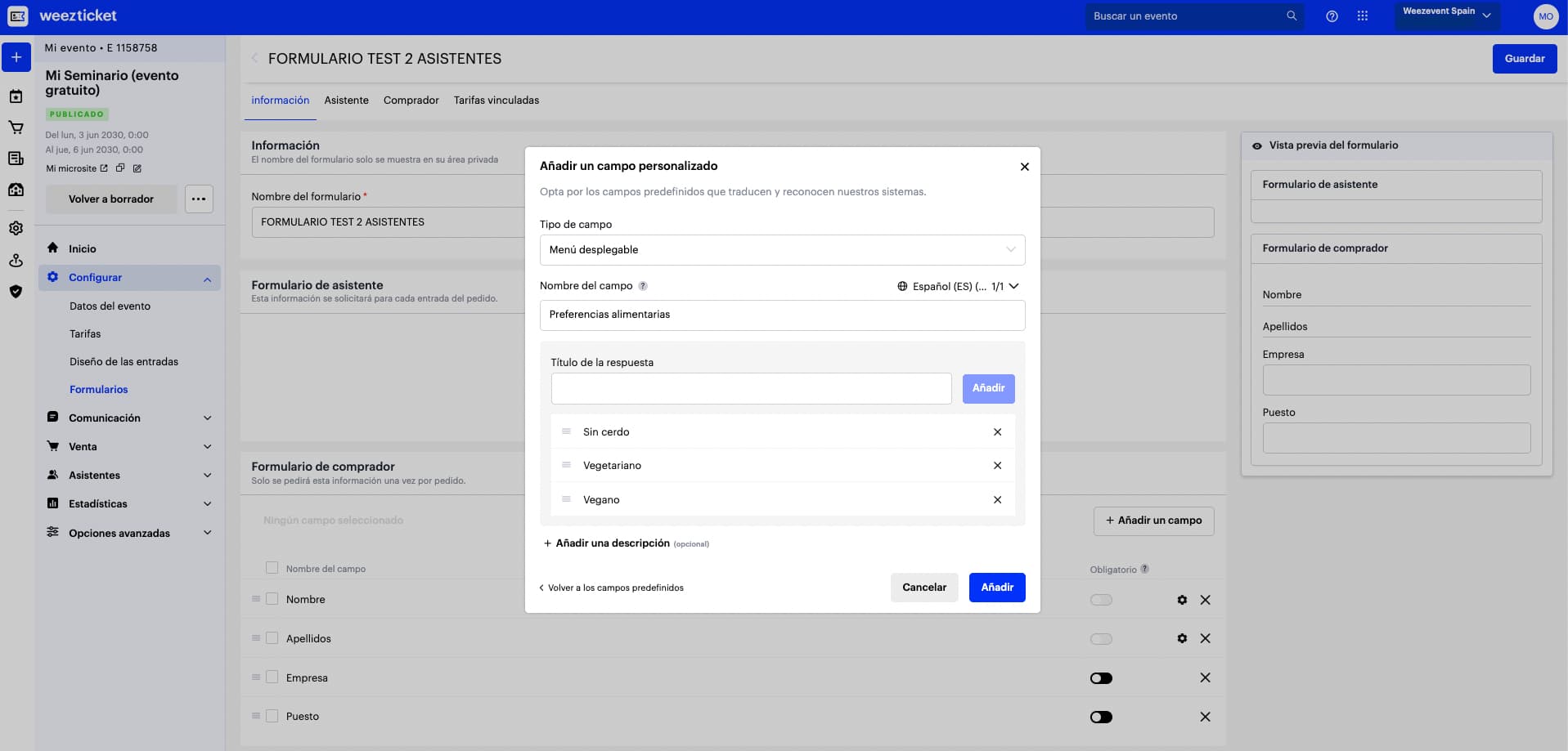 Formulario de inscripción online campos personalizados