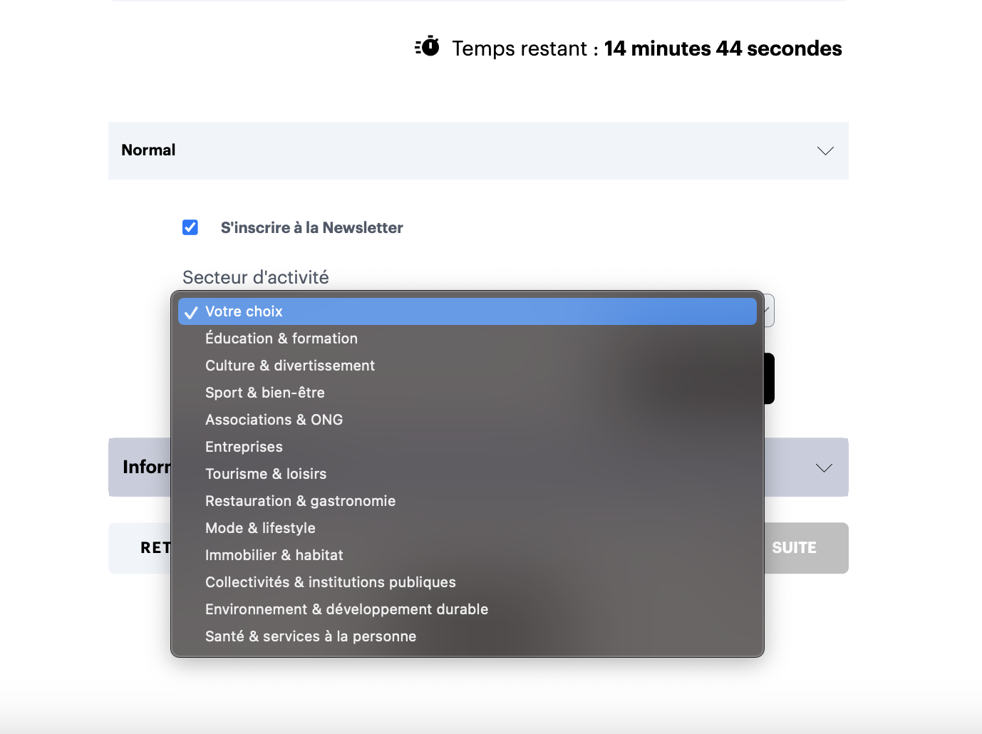 formulaire à choix multiples de secteur d'activité