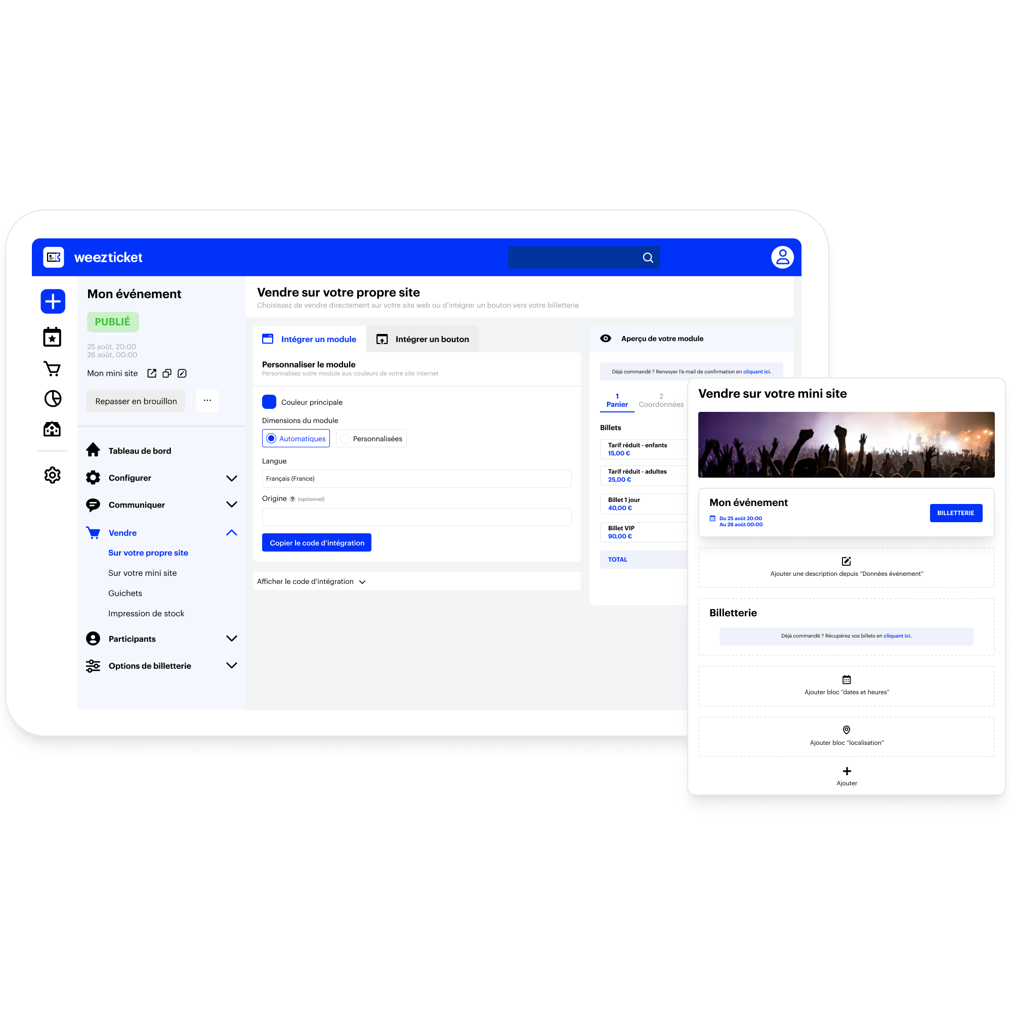 Configuration module de billetterie et mini-site