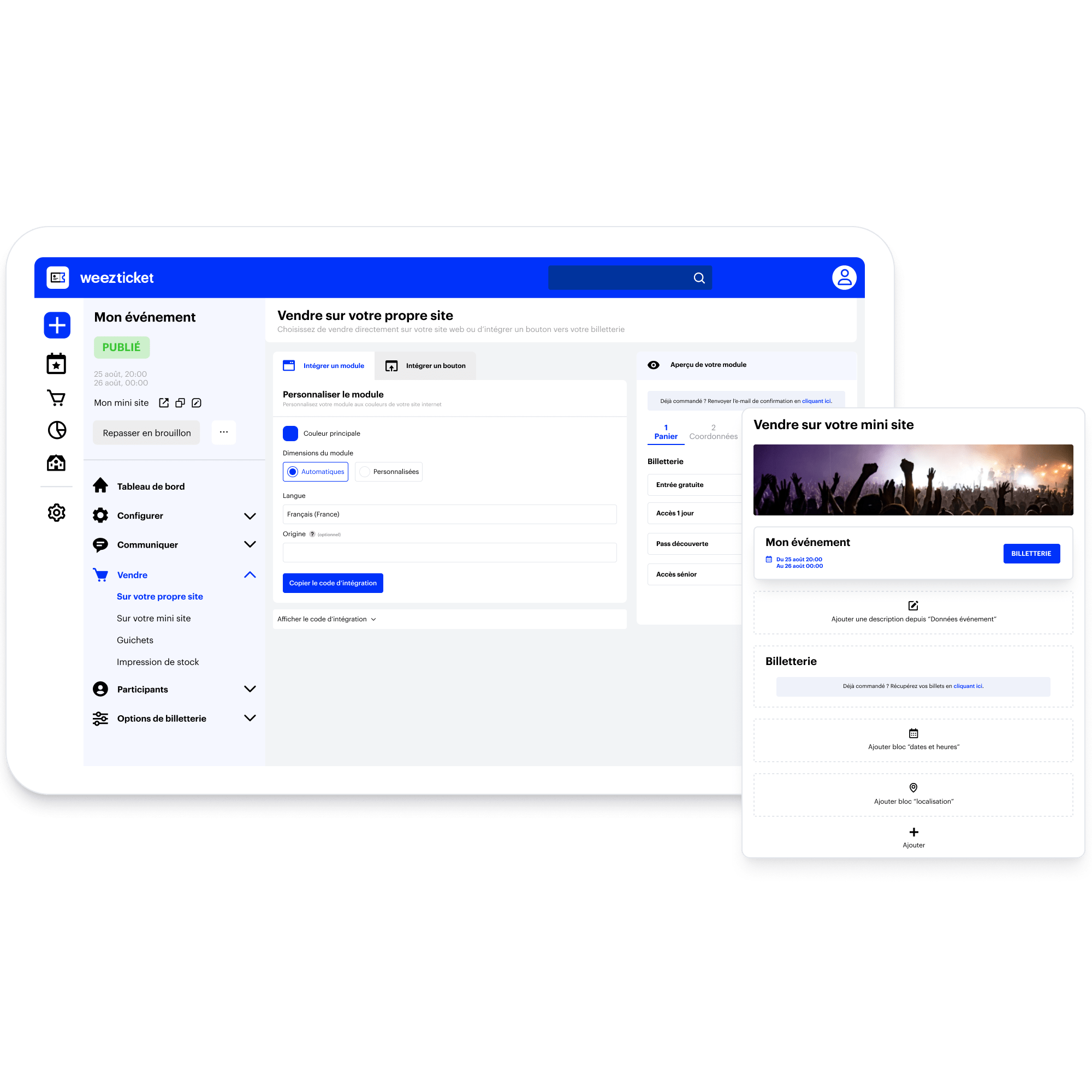 Configuration module de billetterie et mini-site gratuit