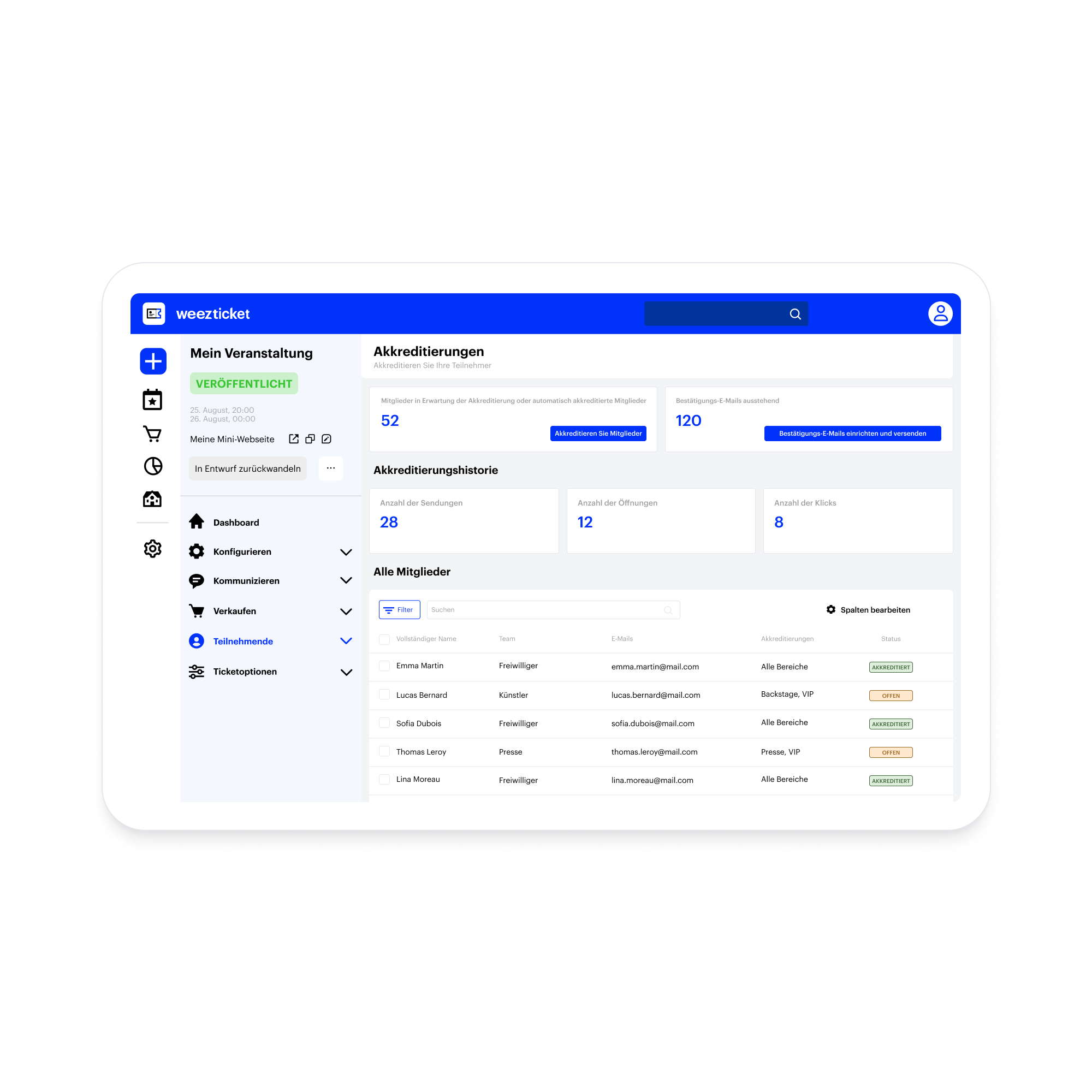 Tableau de bord pour gestion d'accréditations