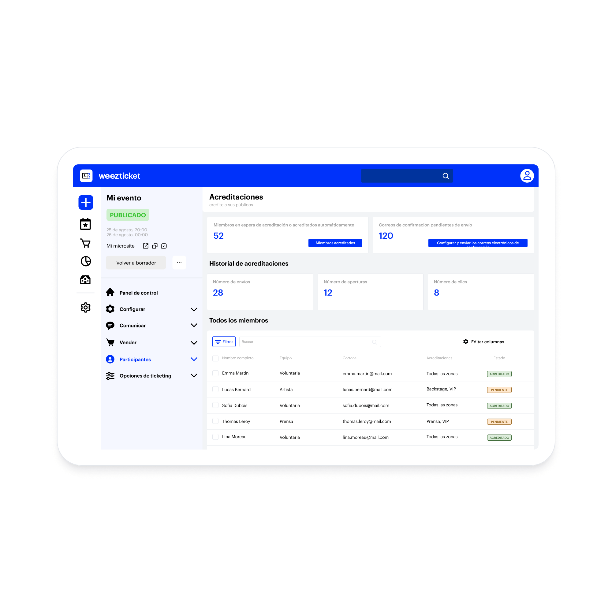 Tableau de bord pour gestion d'accréditations