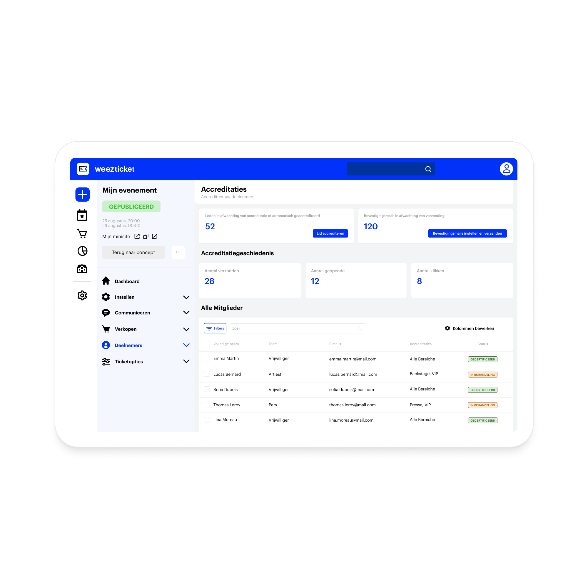 Tableau de bord pour gestion d'accréditations