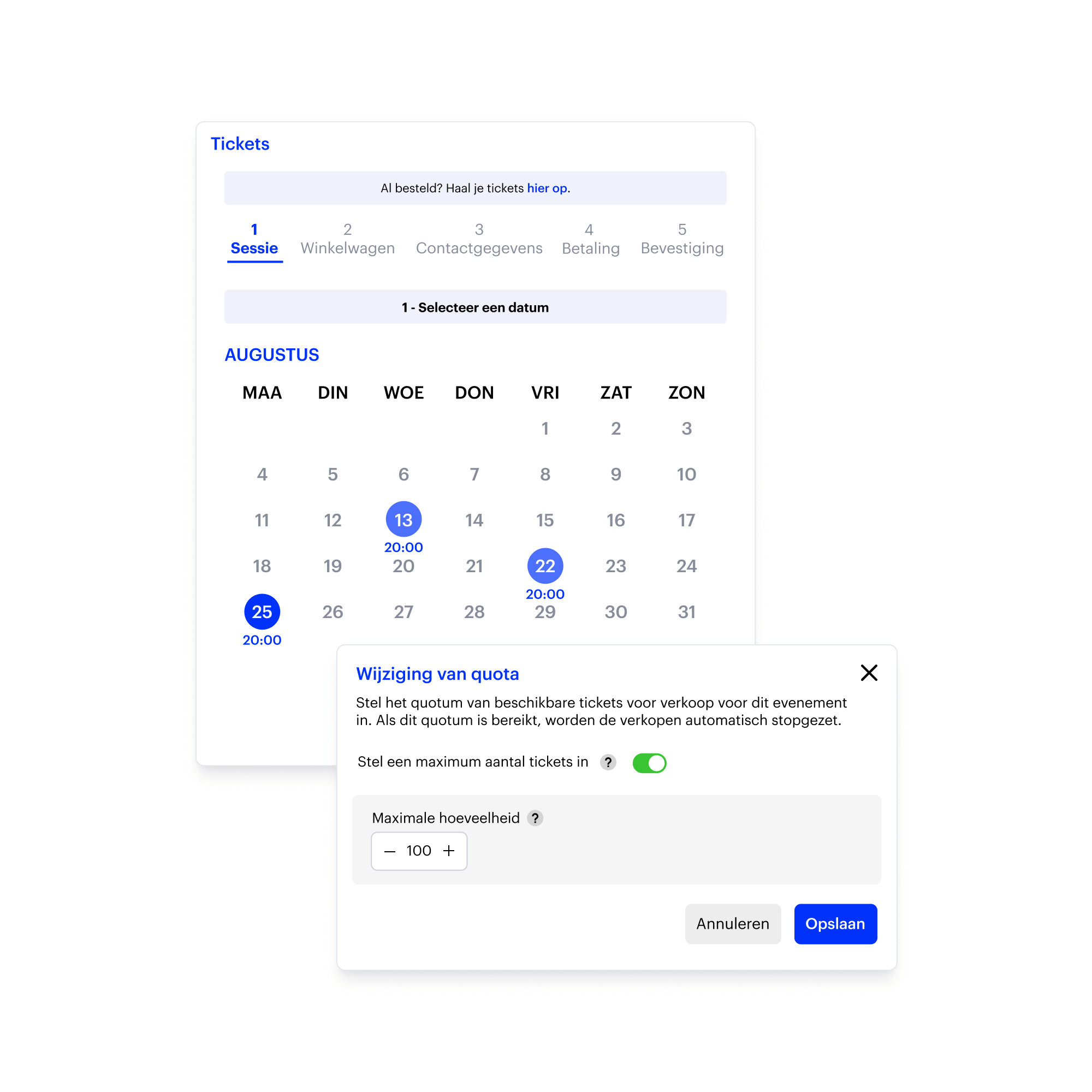 Calendrier des séances disponibles et configuration des quotas