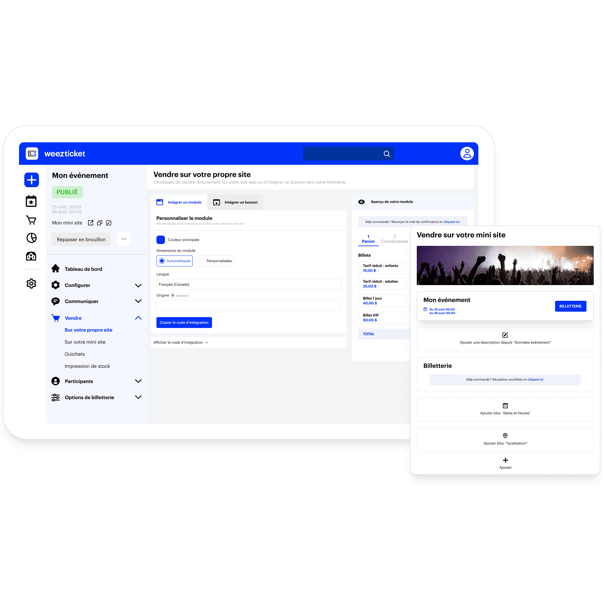 Configuration module de billetterie et mini-site