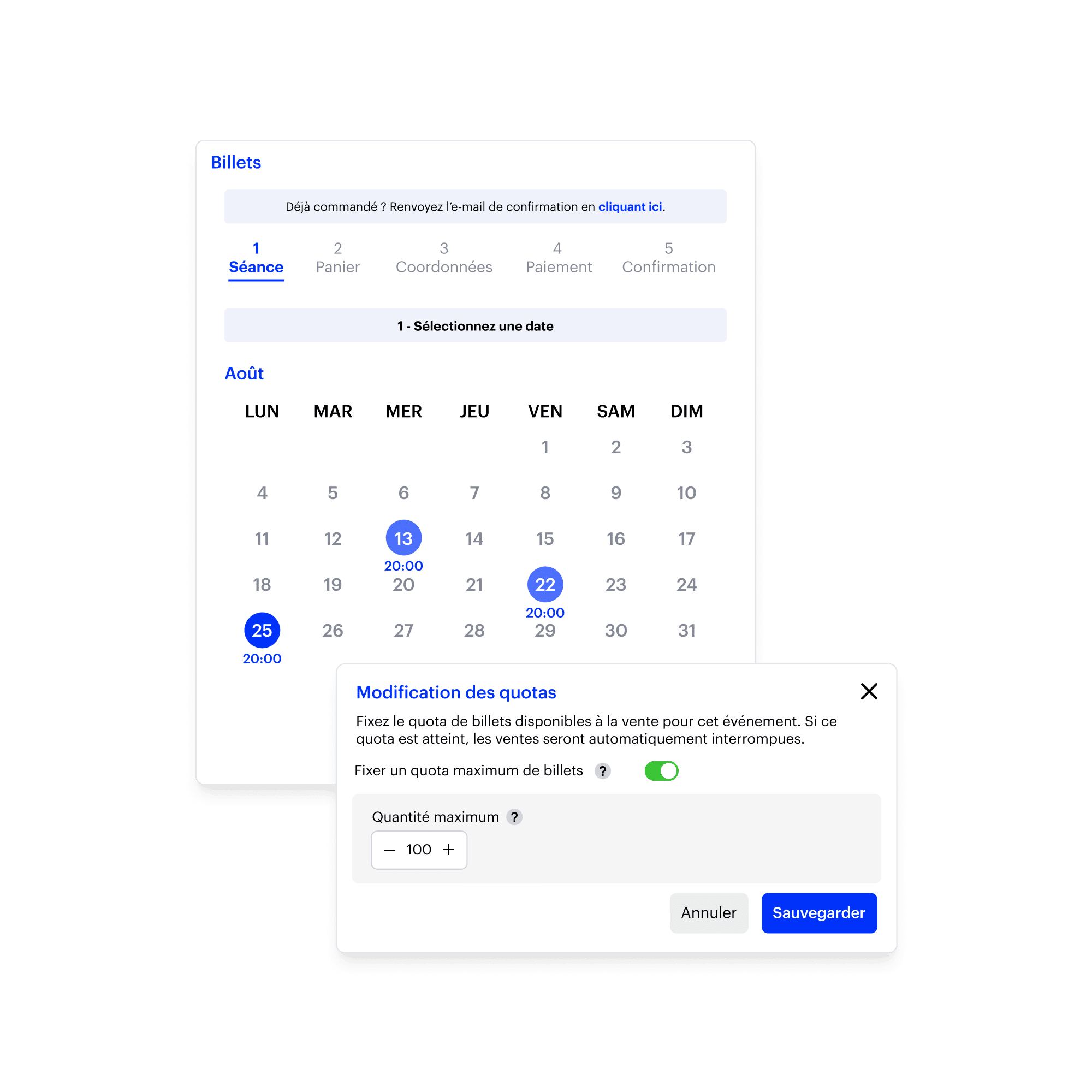 Calendrier des séances disponibles et configuration des quotas