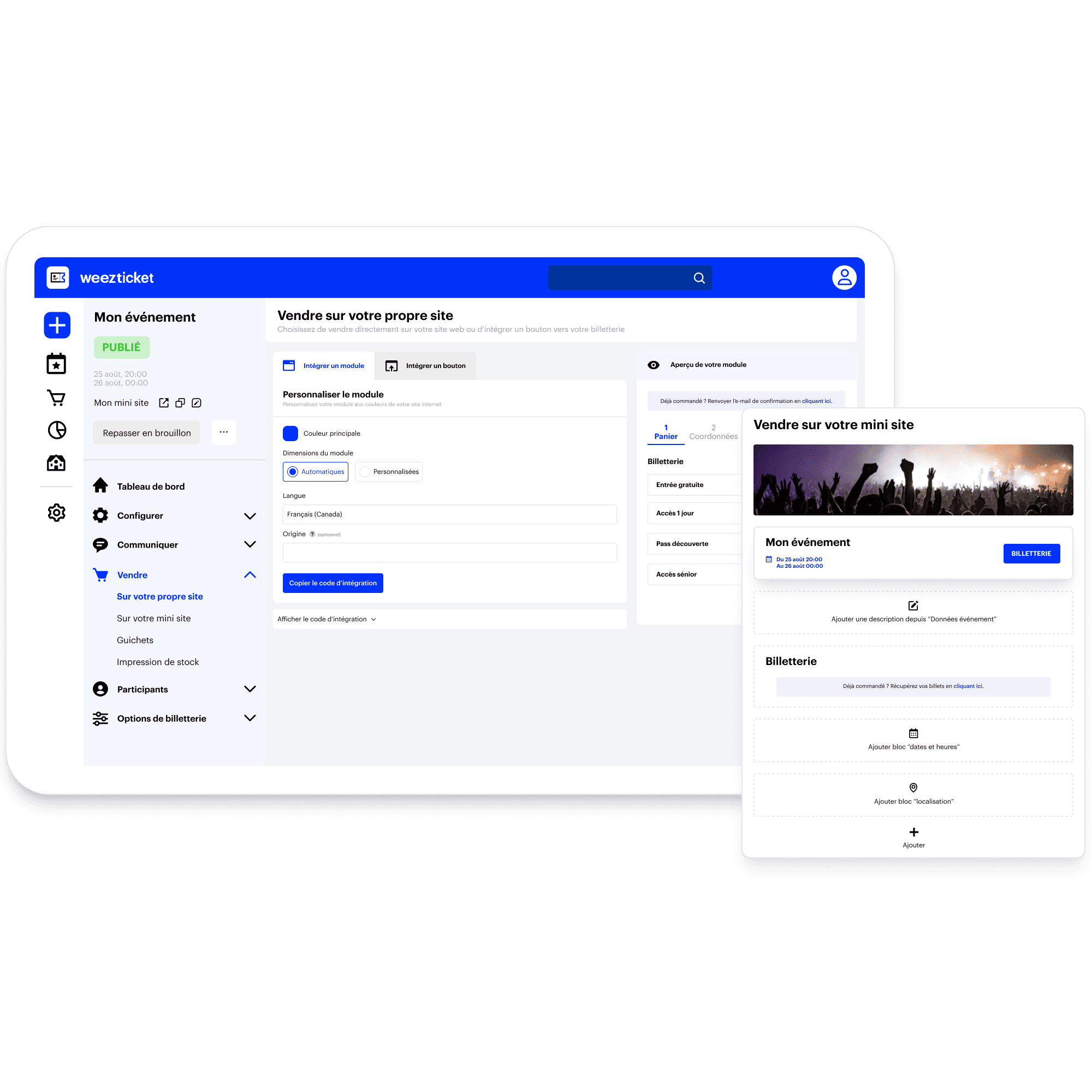 Configuration module de billetterie et mini-site gratuit