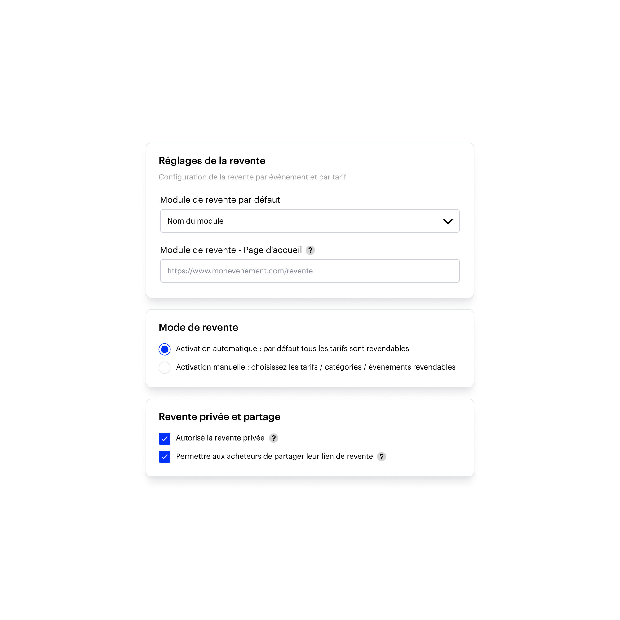 Réglage de la revente de billet