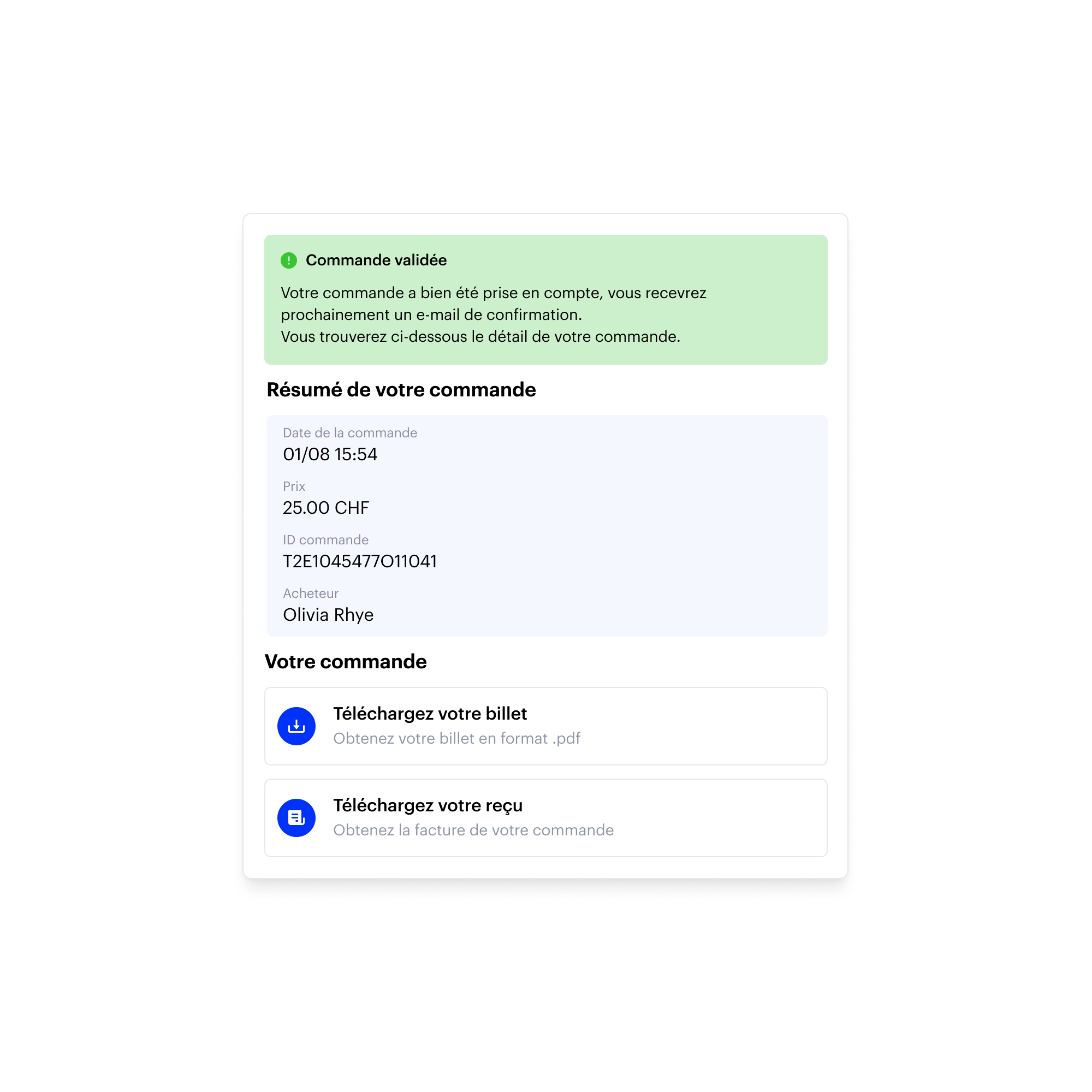 Confirmation de commande de billet