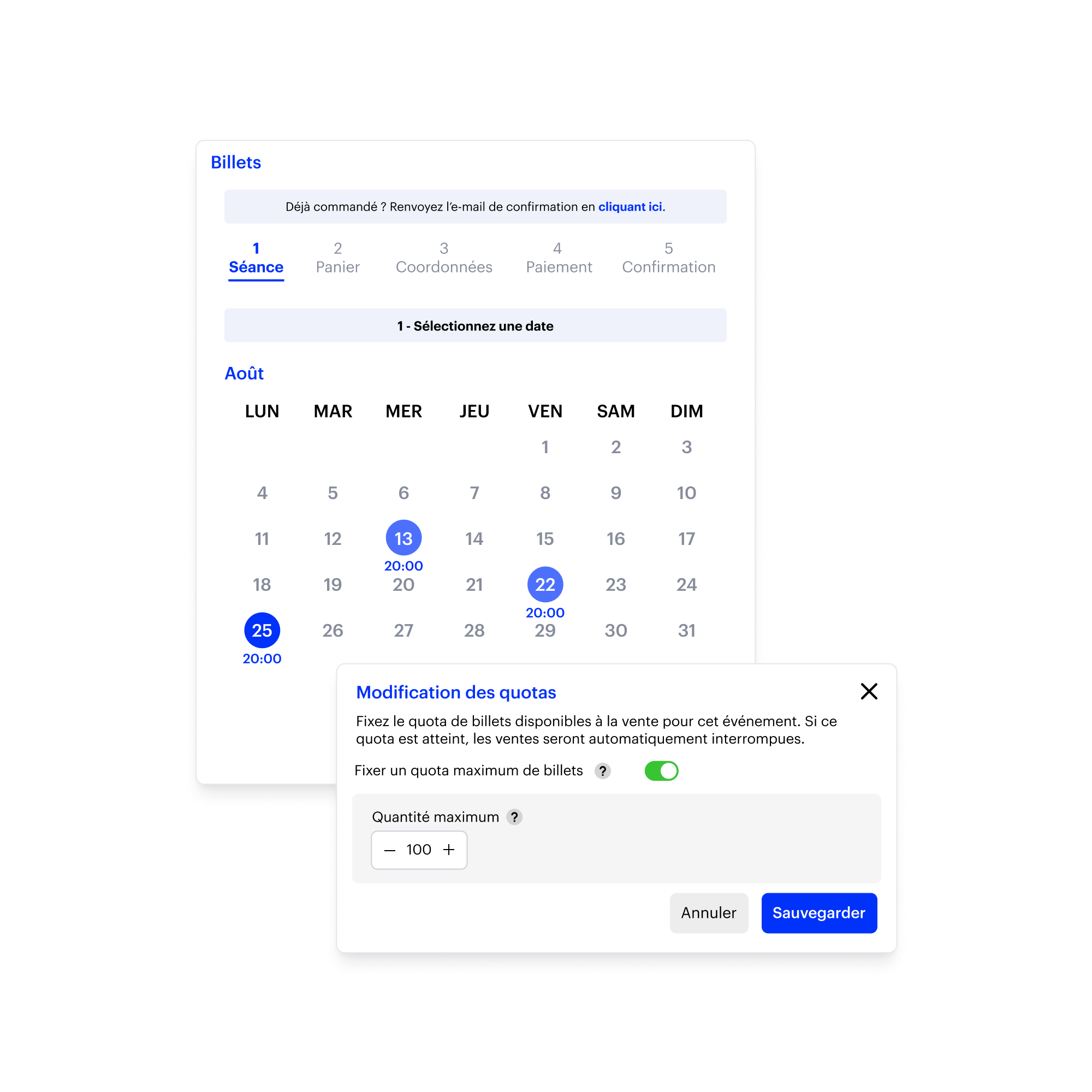Calendrier des séances disponibles et configuration des quotas