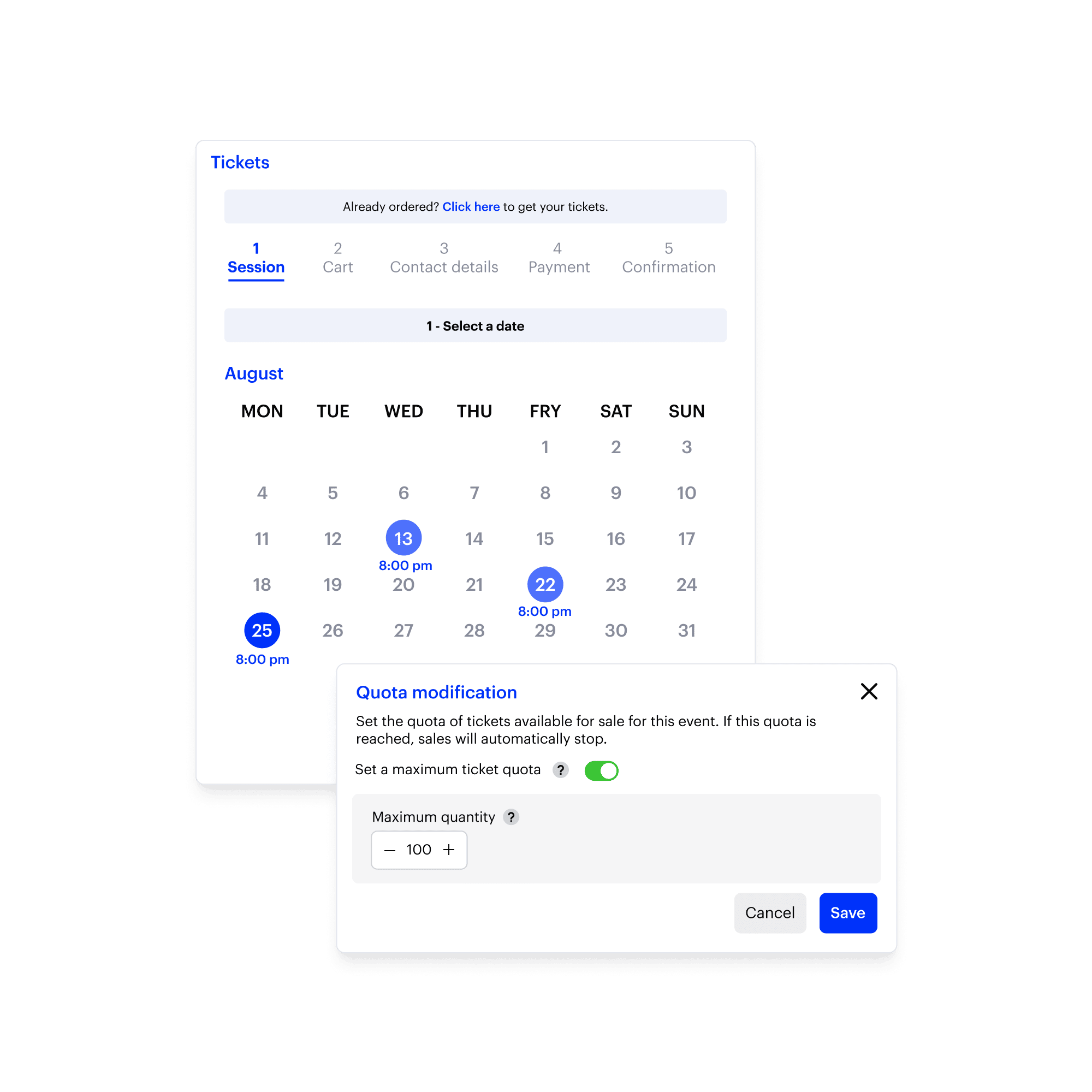 Calendrier des séances disponibles et configuration des quotas