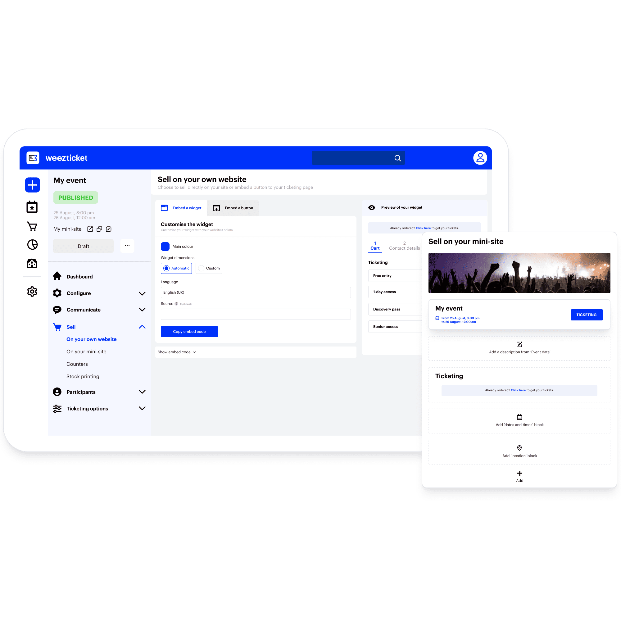Configuration module de billetterie et mini-site gratuit