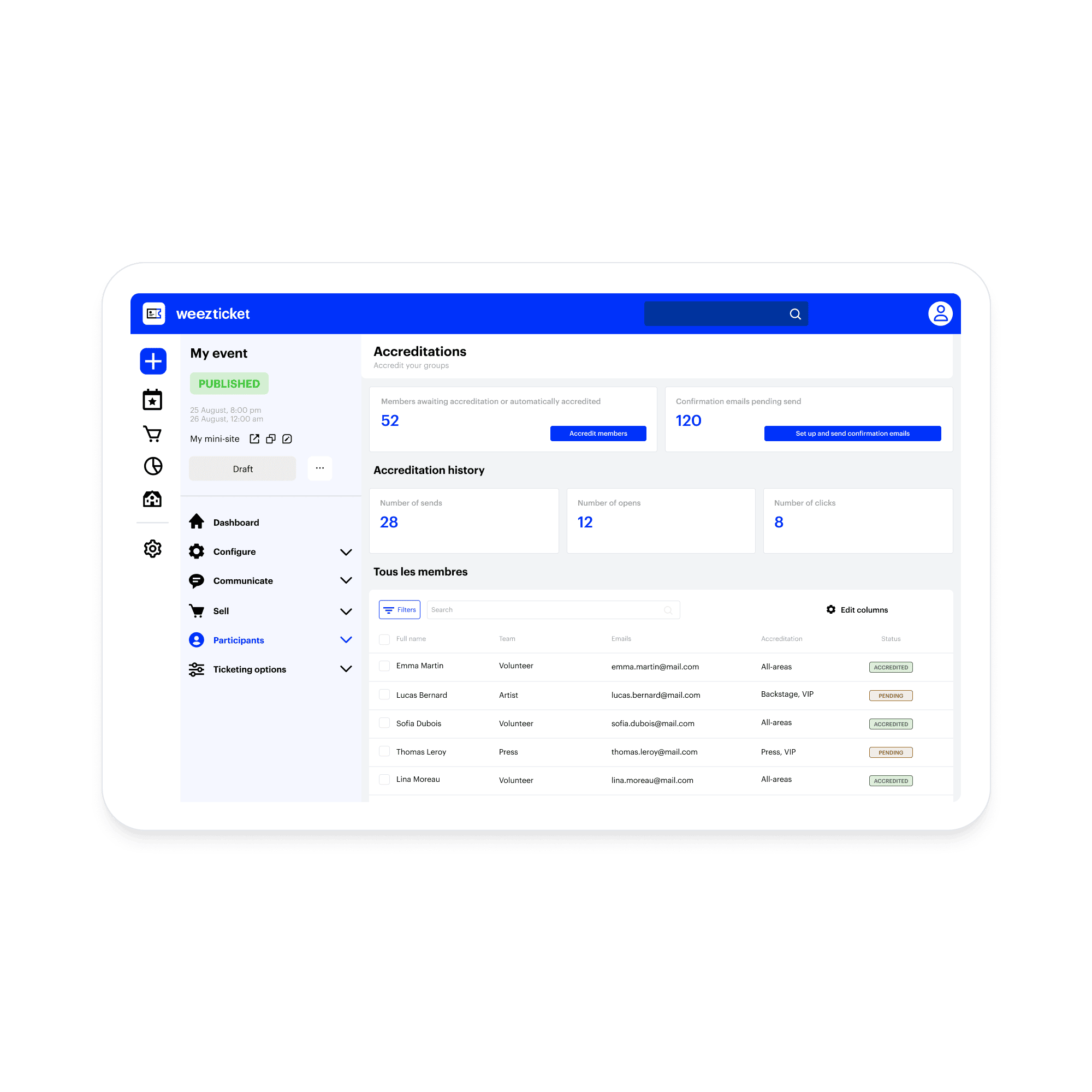 Tableau de bord pour gestion d'accréditations