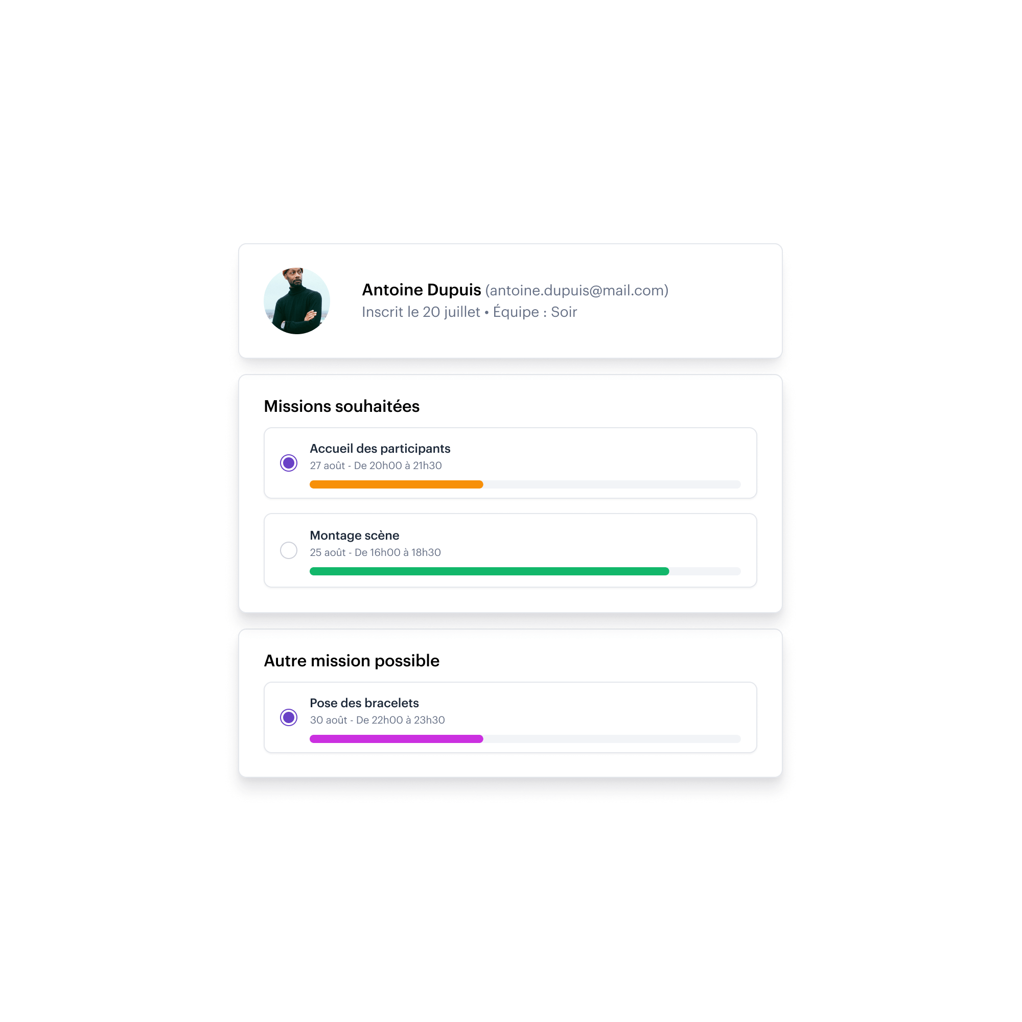 Landing – FR-CH – Planification/Affectation des bénévoles