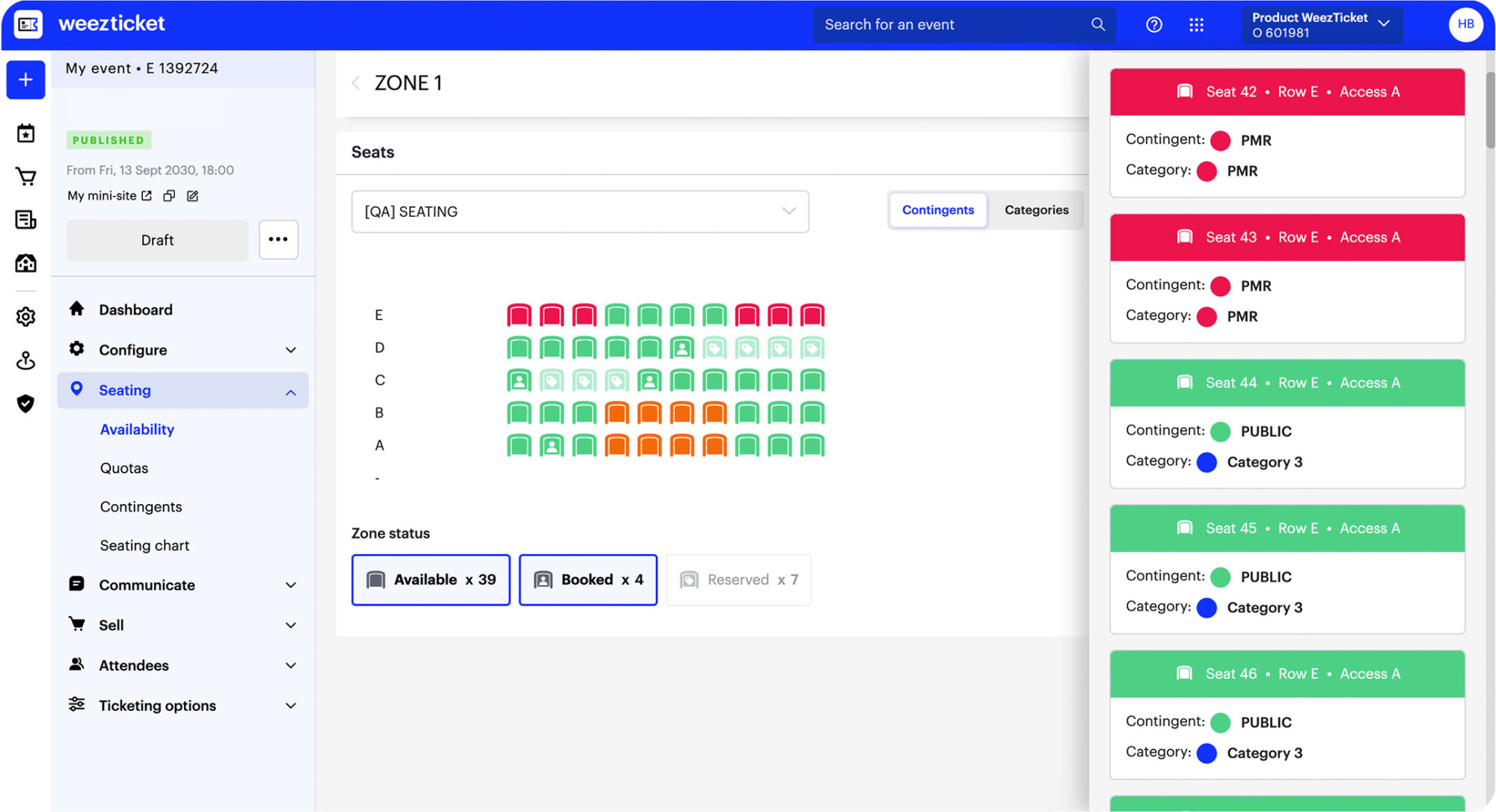 Identify available zones and seats at a glance