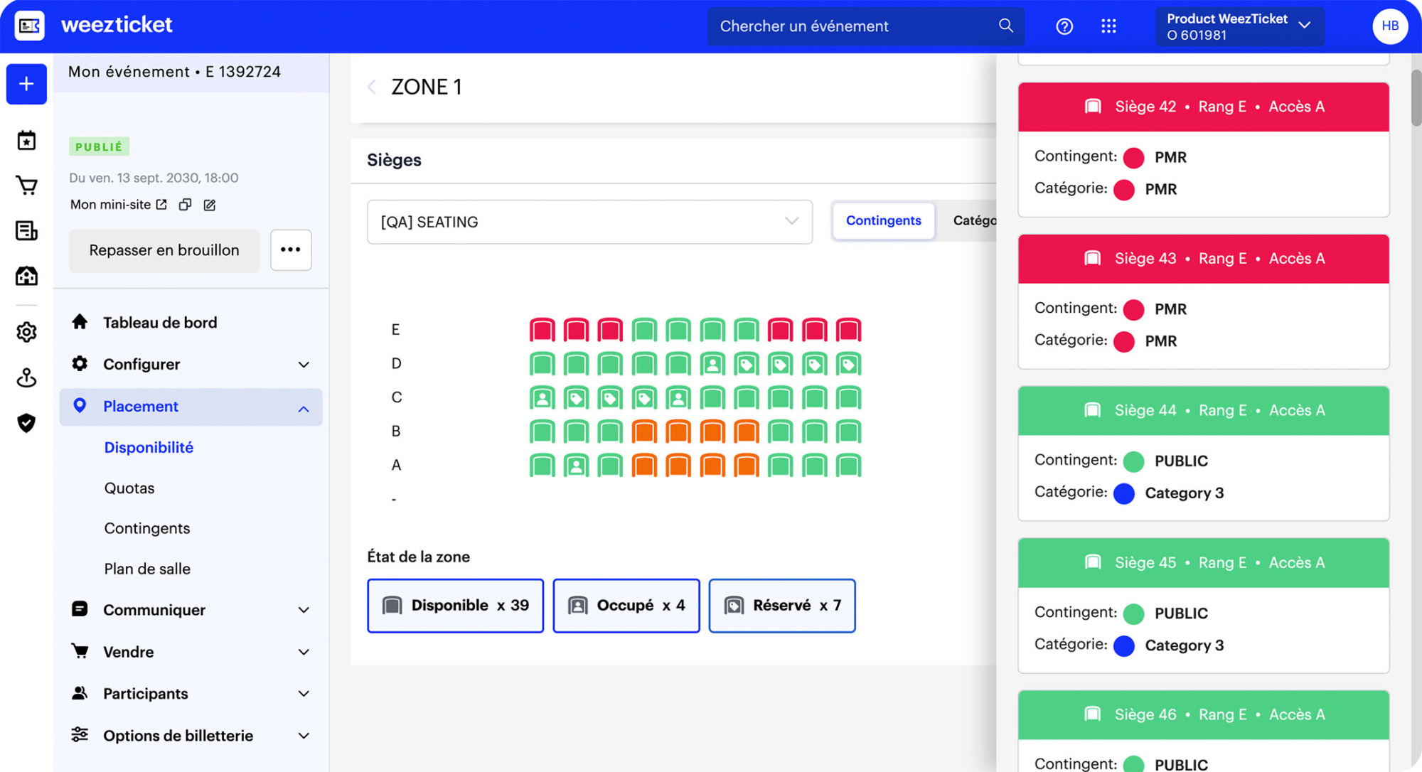 Identifiez en un coup d’œil les zones et sièges disponibles