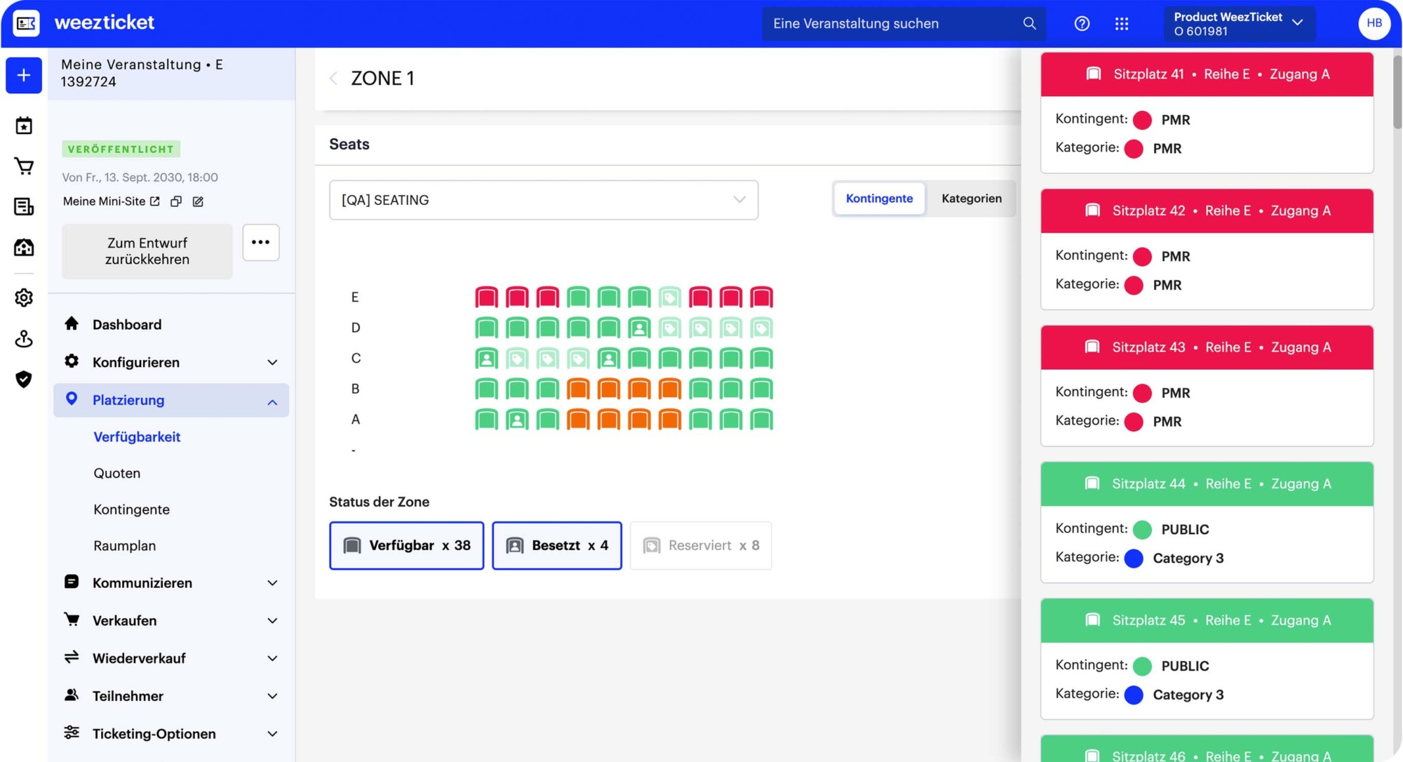 Behalten Sie den Überblick über Ihre Sitzpläne: Die aktualisierte Zonen-Seite zeigt Ihnen in Echtzeit, welche Bereiche und Plätze noch verfügbar sind. Sie können Kapazitäten, gescannte Tickets und den Belegungsstatus schnell prüfen, bequem filtern und die Verfügbarkeit aktualisieren, um während des Events stets präzise Daten zu haben. Dies hilft Ihnen, die Kontrolle zu behalten und Entscheidungen vor Ort schneller zu treffen.