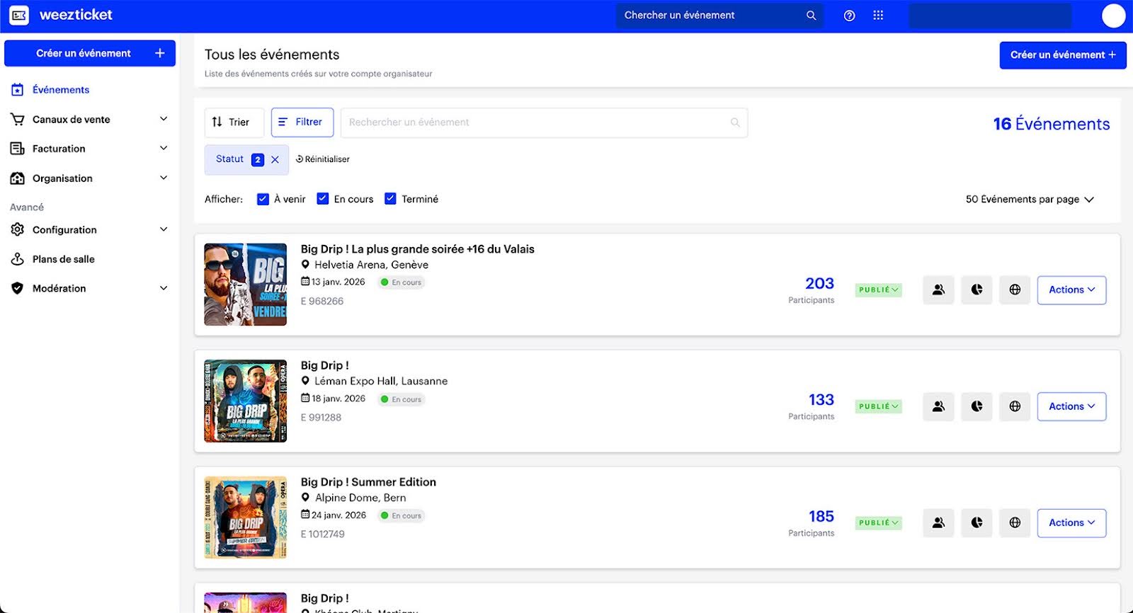 Accédez à votre back office Weezevent et retrouvez facilement la liste de vos événements